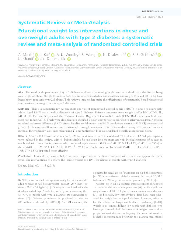 Educational weight loss interventions in obese and overweight adults with type 2 diabetes: a systematic review and meta‐analysis of randomized controlled trials Thumbnail