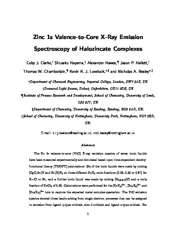 Zinc 1s Valence-to-Core X-ray Emission Spectroscopy of Halozincate Complexes Thumbnail