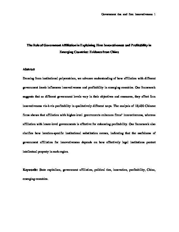 The Role of Government Affiliation in Explaining Firm Innovativeness and Profitability in Emerging Countries: Evidence from China Thumbnail
