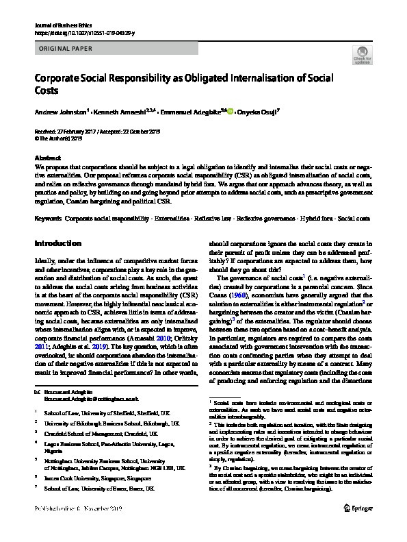 Corporate Social Responsibility as Obligated Internalisation of Social Costs Thumbnail