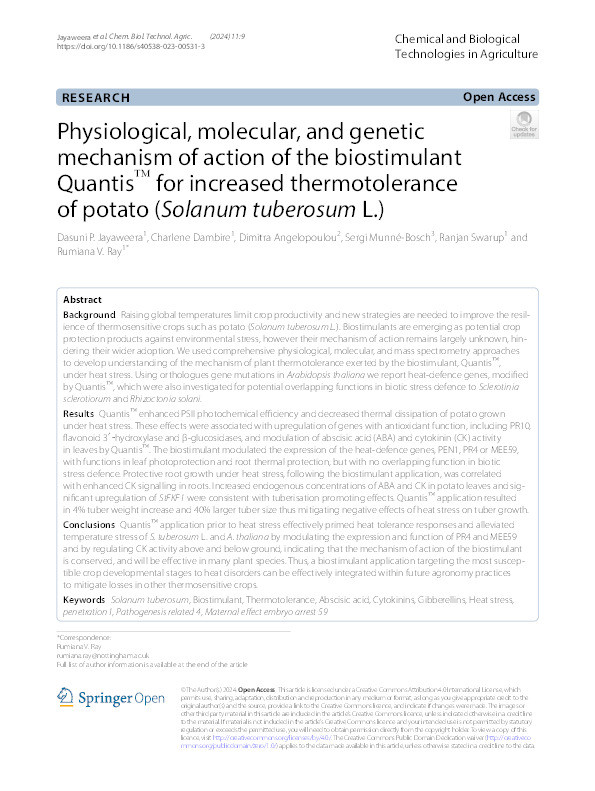 Physiological, molecular, and genetic mechanism of action of the biostimulant Quantis™ for increased thermotolerance of potato (Solanum tuberosum L.) Thumbnail