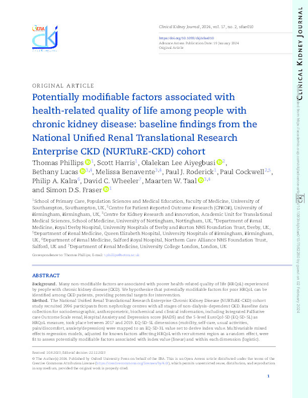 Potentially modifiable factors associated with health-related quality of life among people with chronic kidney disease: baseline findings from the National Unified Renal Translational Research Enterprise CKD (NURTuRE-CKD) cohort Thumbnail