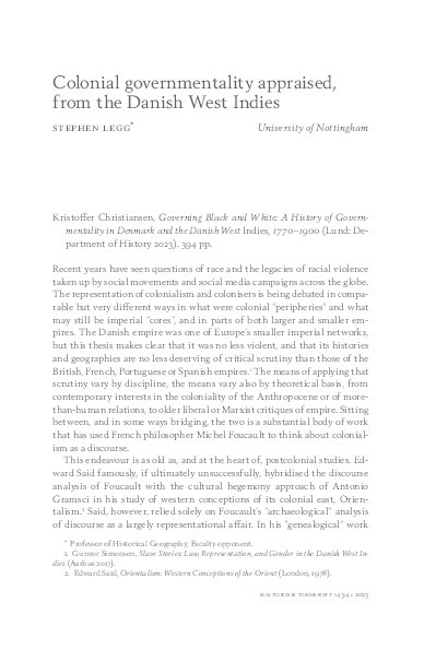 Colonial governmentality appraised, from the Danish West Indies: Kristoffer Christiansen, Governing Black and White: A History of Governmentality in Denmark and the Danish West Indies, 1770–1900 Thumbnail