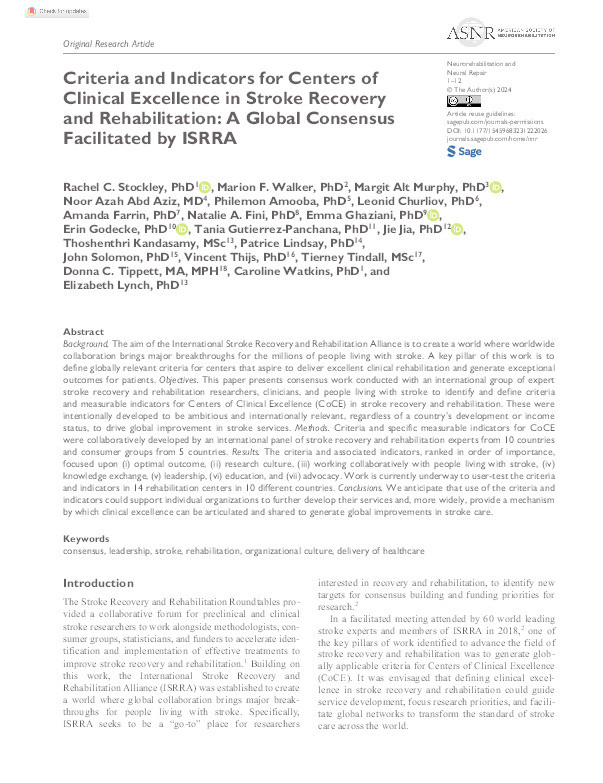 Criteria and indicators for Centers of Clinical Excellence in stroke recovery and rehabilitation: A global consensus facilitated by ISRRA Article type: Research Thumbnail