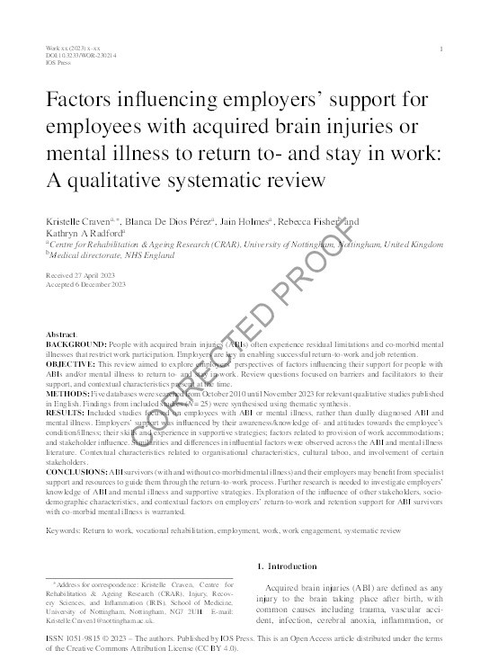 Factors influencing employers’ support for employees with acquired brain injuries or mental illness to return to- and stay in work: A qualitative systematic review Thumbnail