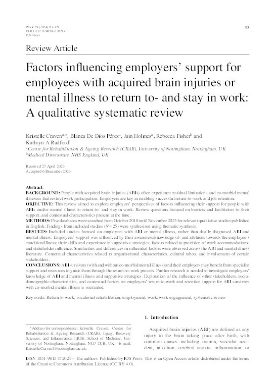 Factors influencing employers’ support for employees with acquired brain injuries or mental illness to return to- and stay in work: A qualitative systematic review Thumbnail