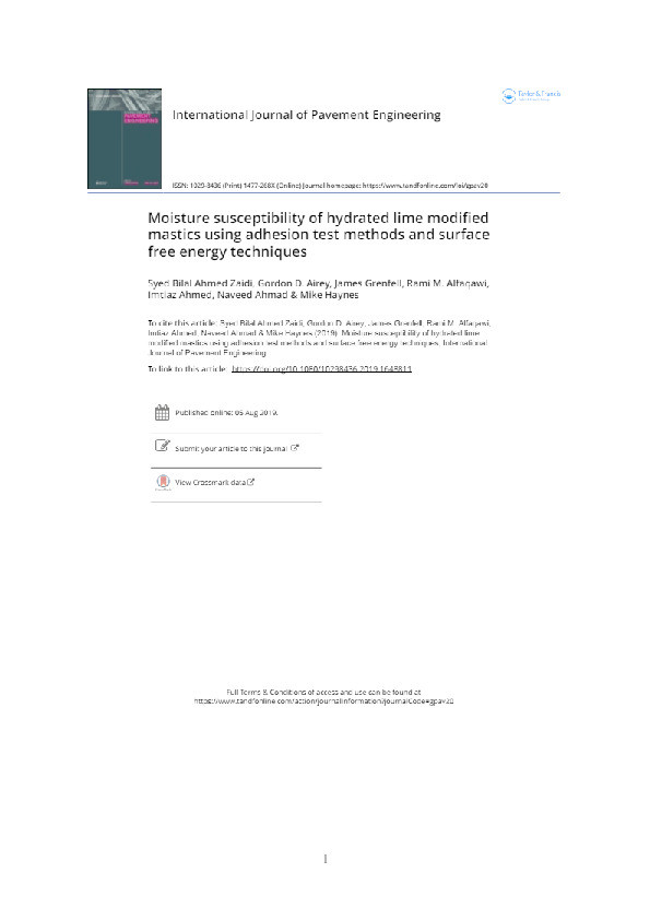 Moisture susceptibility of hydrated lime modified mastics using adhesion test methods and surface free energy techniques Thumbnail