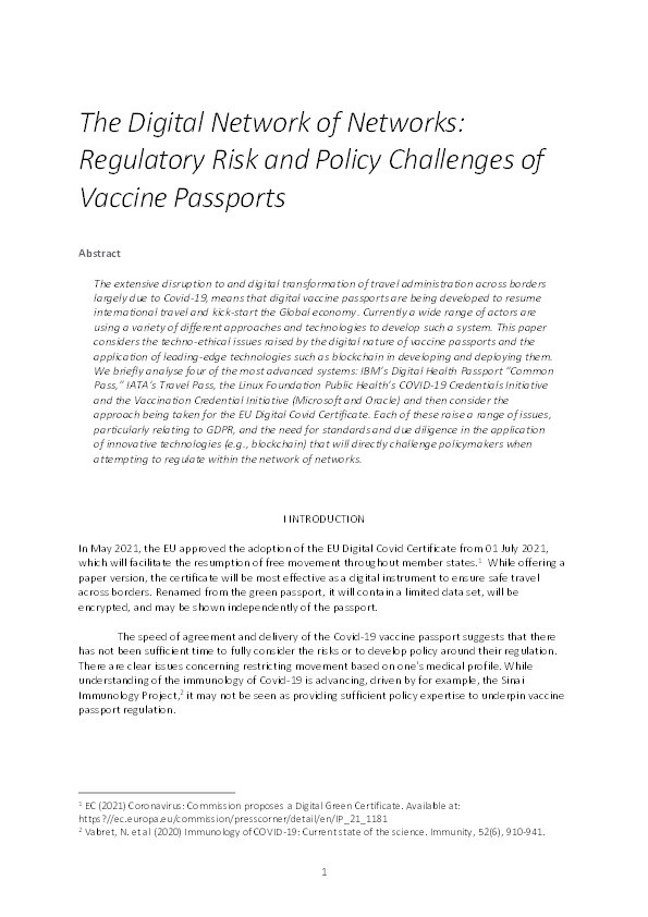 The Digital Network of Networks: Regulatory Risk and Policy Challenges of Vaccine Passports Thumbnail