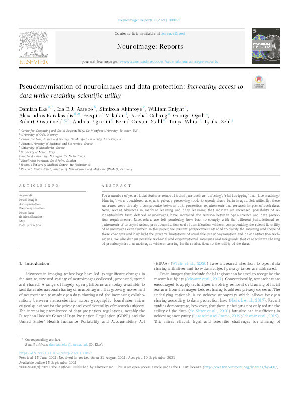 Pseudonymisation of neuroimages and data protection: Increasing access to data while retaining scientific utility Thumbnail