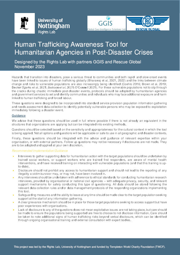 Human Trafficking Awareness Tool for Humanitarian Agencies in Post-Disaster Crises: Designed by the Rights Lab with partners GGIS and Rescue Global November 2023 Thumbnail