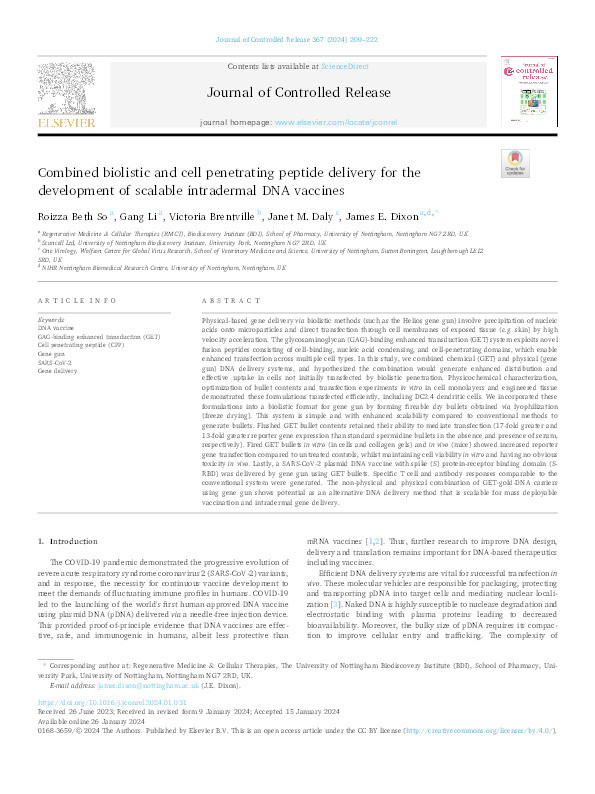 Combined biolistic and cell penetrating peptide delivery for the development of scalable intradermal DNA vaccines Thumbnail