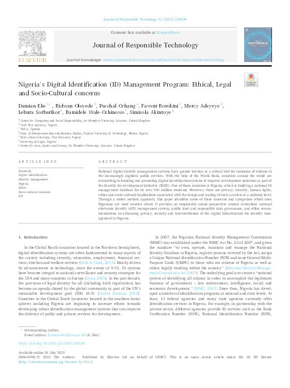 Nigeria’s Digital Identification (ID) Management Program: Ethical, Legal and Socio-Cultural concerns Thumbnail