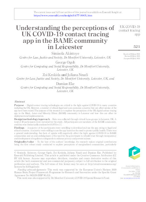 Understanding the perceptions of UK COVID-19 contact tracing app in the BAME community in Leicester Thumbnail