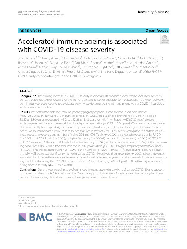 Accelerated immune ageing is associated with COVID-19 disease severity Thumbnail