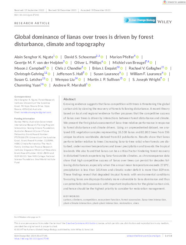 Global dominance of lianas over trees is driven by forest disturbance, climate and topography Thumbnail