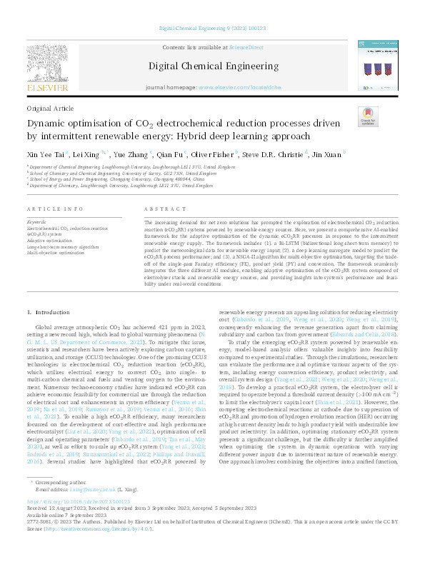 Dynamic optimisation of CO2 electrochemical reduction processes driven by intermittent renewable energy: Hybrid deep learning approach Thumbnail