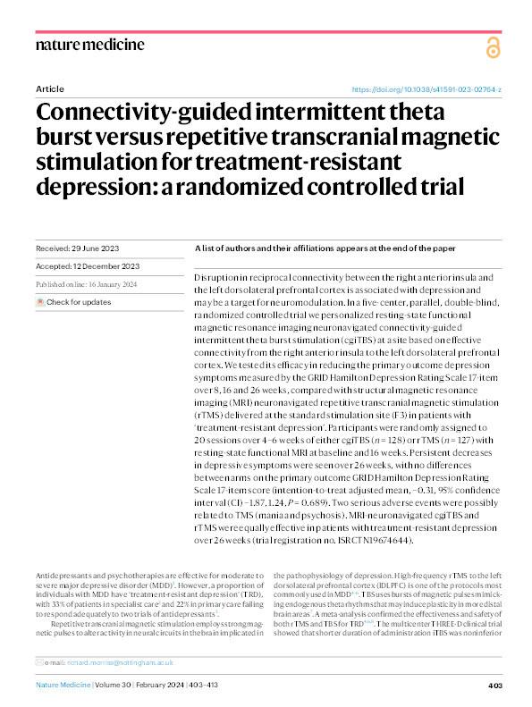 Connectivity-guided intermittent theta burst versus repetitive transcranial magnetic stimulation for treatment-resistant depression: a randomized controlled trial Thumbnail