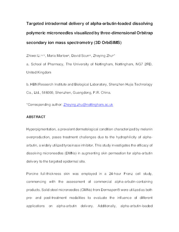 Targeted intradermal delivery of alpha-arbutin-loaded dissolving polymeric microneedles visualized by three-dimensional Orbitrap secondary ion mass spectrometry (3D OrbiSIMS) Thumbnail