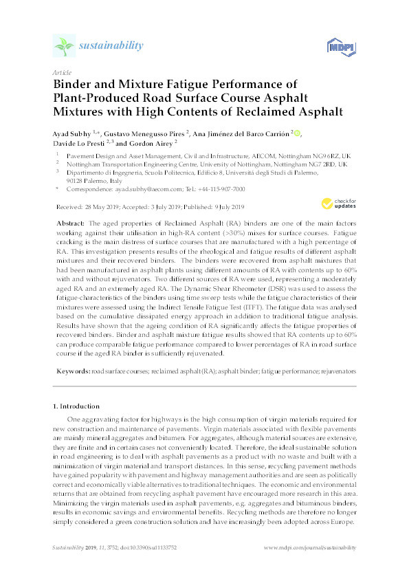 Binder and Mixture Fatigue Performance of Plant-Produced Road Surface Course Asphalt Mixtures with High Contents of Reclaimed Asphalt Thumbnail
