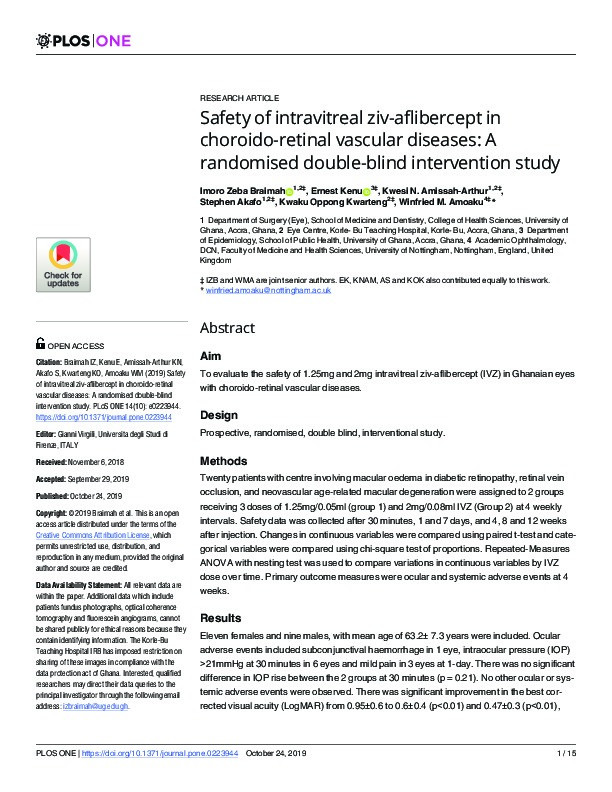 Safety of intravitreal ziv-aflibercept in choroido-retinal vascular diseases: A randomised double-blind intervention study Thumbnail