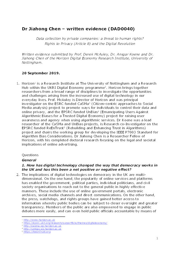 Dr Jiahong Chen – written evidence (DAD0040) - Data collection by private companies: a threat to human rights? Rights to Privacy (Article 8) and the Digital Revolution Thumbnail
