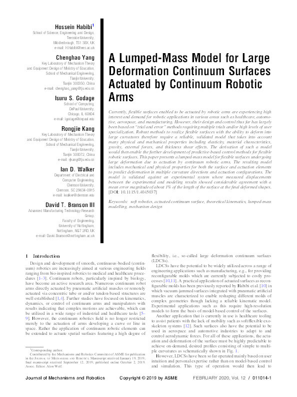 A Lumped-Mass Model for Large Deformation Continuum Surfaces Actuated by Continuum Robotic Arms Thumbnail