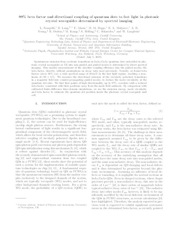 99% beta factor and directional coupling of quantum dots to fast light in photonic crystal waveguides determined by spectral imaging Thumbnail