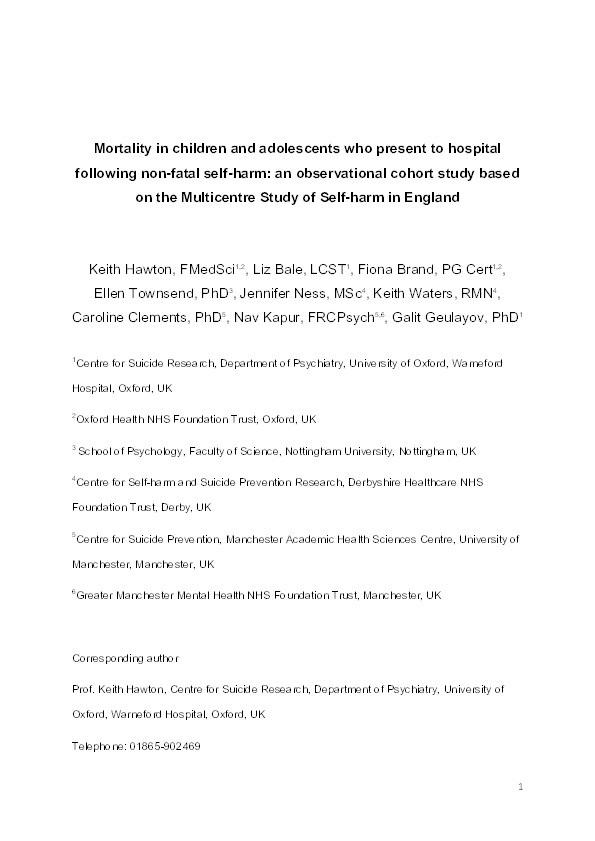 Mortality in children and adolescents following presentation to hospital after non-fatal self-harm in the Multicentre Study of Self-harm: a prospective observational cohort study Thumbnail