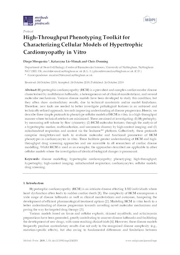 High-Throughput Phenotyping Toolkit for Characterizing Cellular Models of Hypertrophic Cardiomyopathy in Vitro Thumbnail