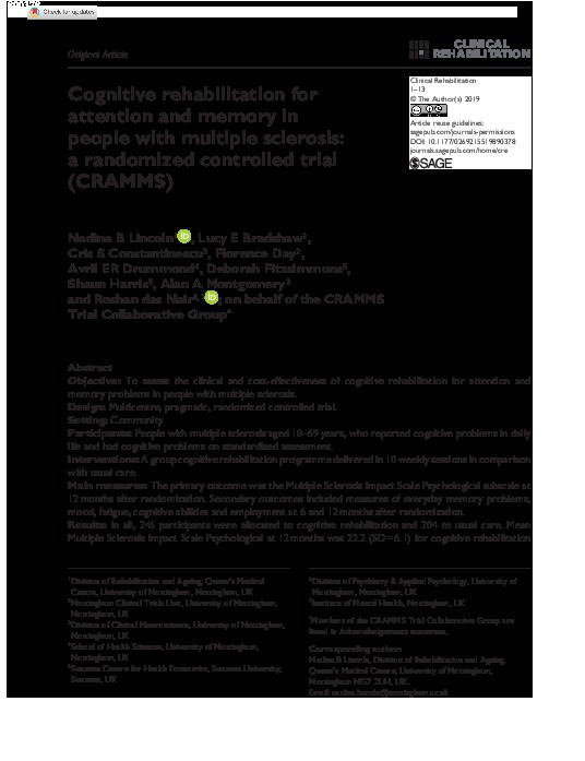 Cognitive rehabilitation for attention and memory in people with multiple sclerosis: a randomized controlled trial (CRAMMS) Thumbnail