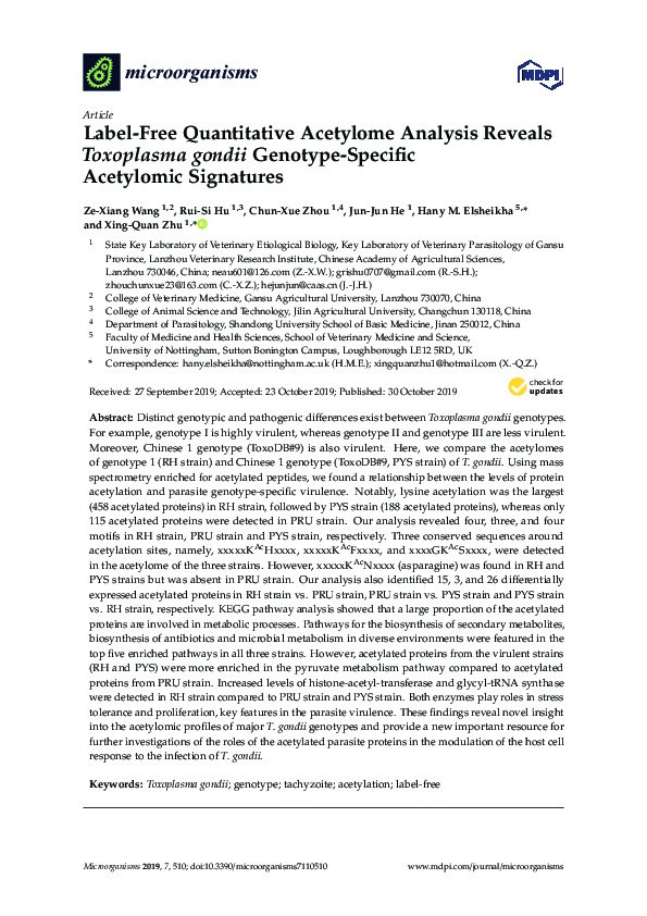 Label-Free Quantitative Acetylome Analysis Reveals Toxoplasma gondii Genotype-Specific Acetylomic Signatures Thumbnail