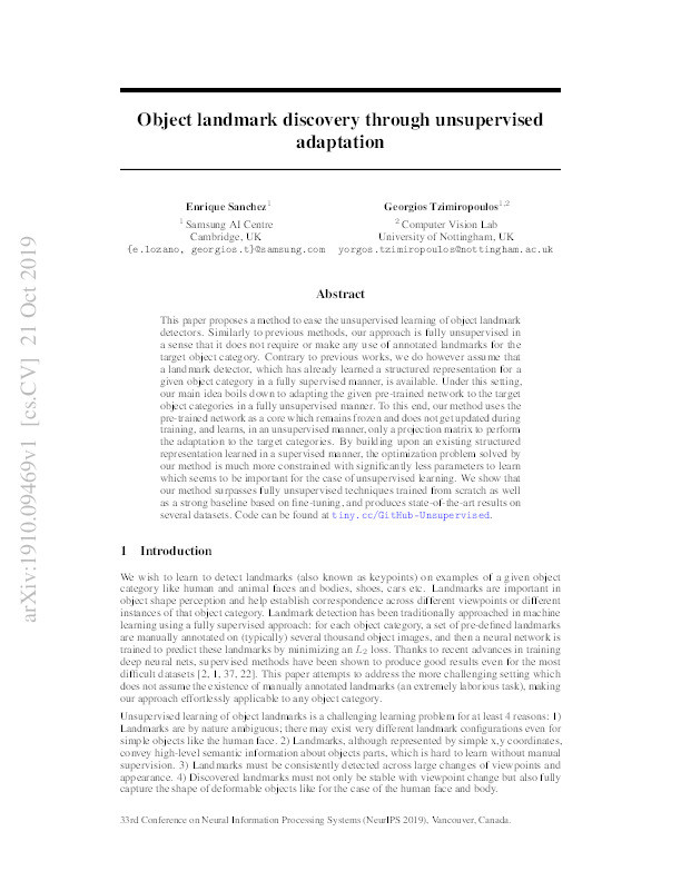 Object landmark discovery through unsupervised adaptation Thumbnail