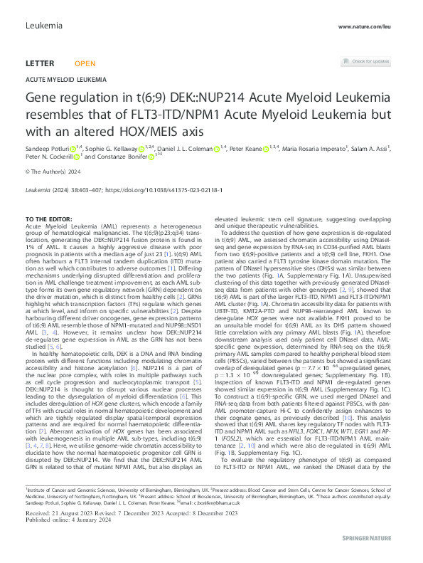 Gene regulation in t(6;9) DEK::NUP214 Acute Myeloid Leukemia resembles that of FLT3-ITD/NPM1 Acute Myeloid Leukemia but with an altered HOX/MEIS axis Thumbnail