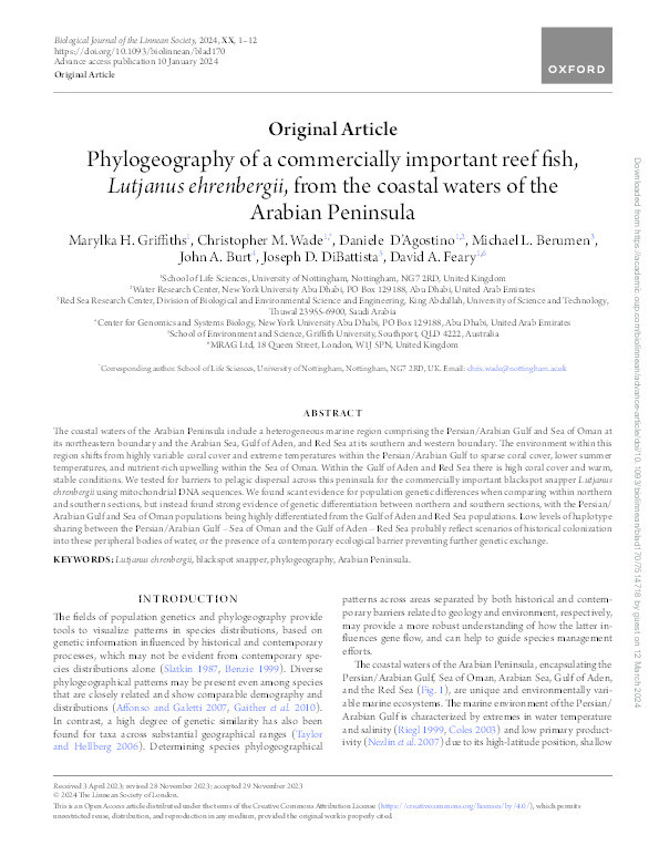 Phylogeography of a commercially important reef fish, Lutjanus ehrenbergii, from the coastal waters of the Arabian Peninsula Thumbnail