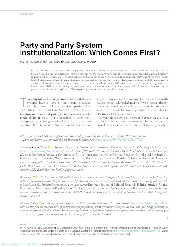Party and Party System Institutionalization: Which Comes First? Thumbnail