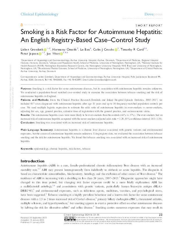 Smoking is a risk factor for autoimmune hepatitis: An English registry-based case-control study Thumbnail