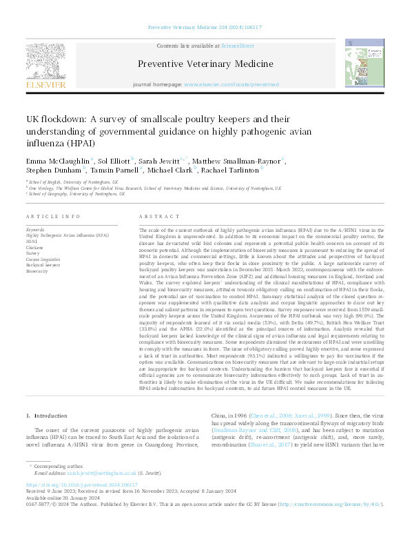 UK flockdown: A survey of smallscale poultry keepers and their understanding of governmental guidance on highly pathogenic avian influenza (HPAI) Thumbnail