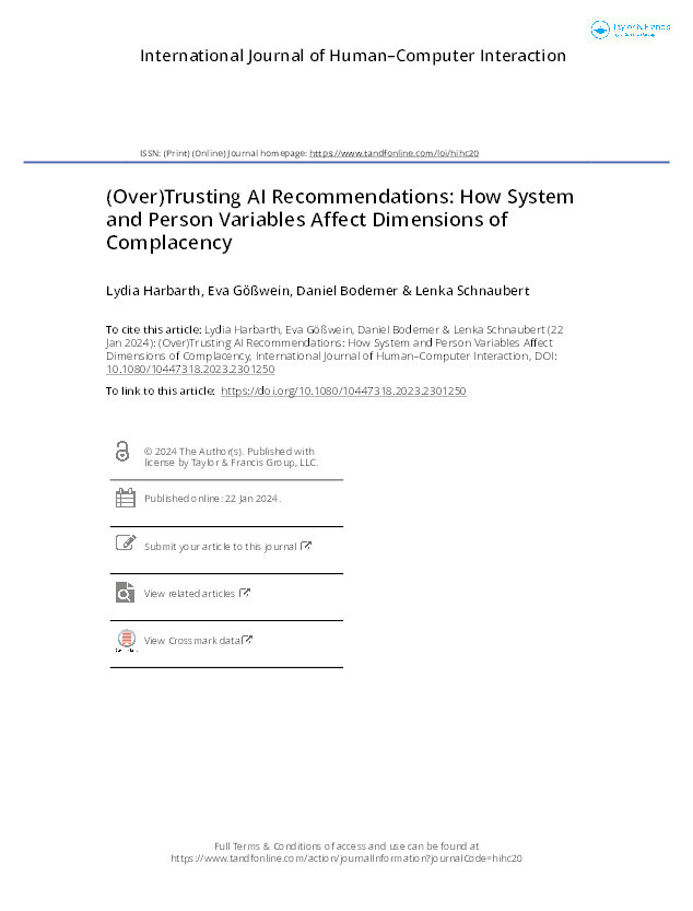 (Over)Trusting AI Recommendations: How System and Person Variables Affect Dimensions of Complacency Thumbnail