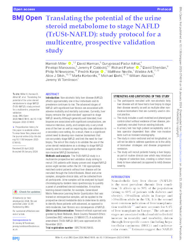 Translating the potential of the urine steroid metabolome to stage NAFLD (TrUSt-NAFLD): study protocol for a multicentre, prospective validation study. Thumbnail