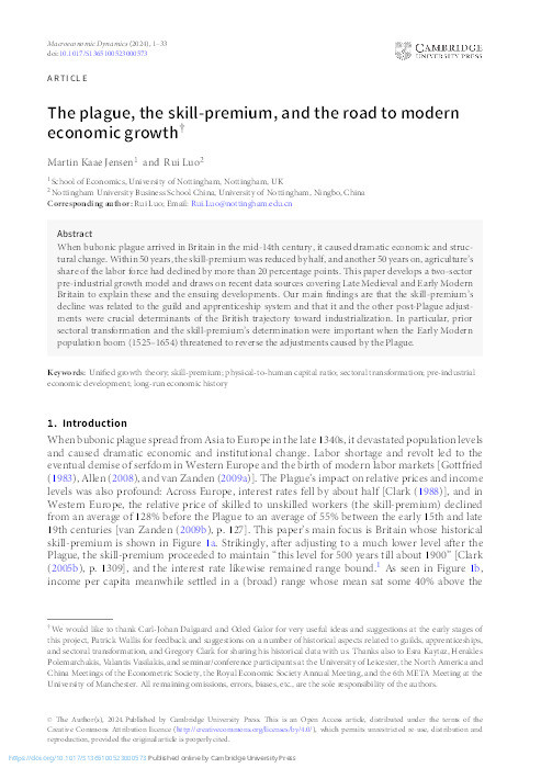 The plague, the skill-premium, and the road to modern economic growth Thumbnail