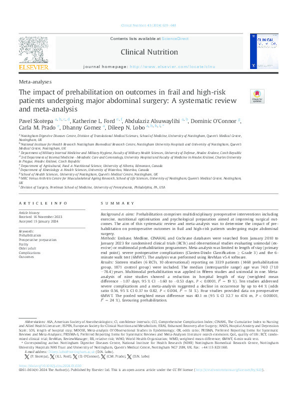 The impact of prehabilitation on outcomes in frail and high-risk patients undergoing major abdominal surgery: A systematic review and meta-analysis Thumbnail