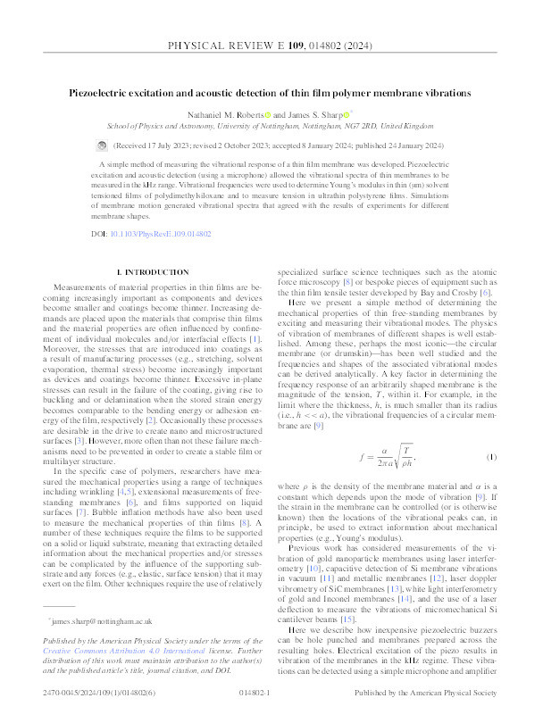 Piezoelectric excitation and acoustic detection of thin film polymer membrane vibrations Thumbnail