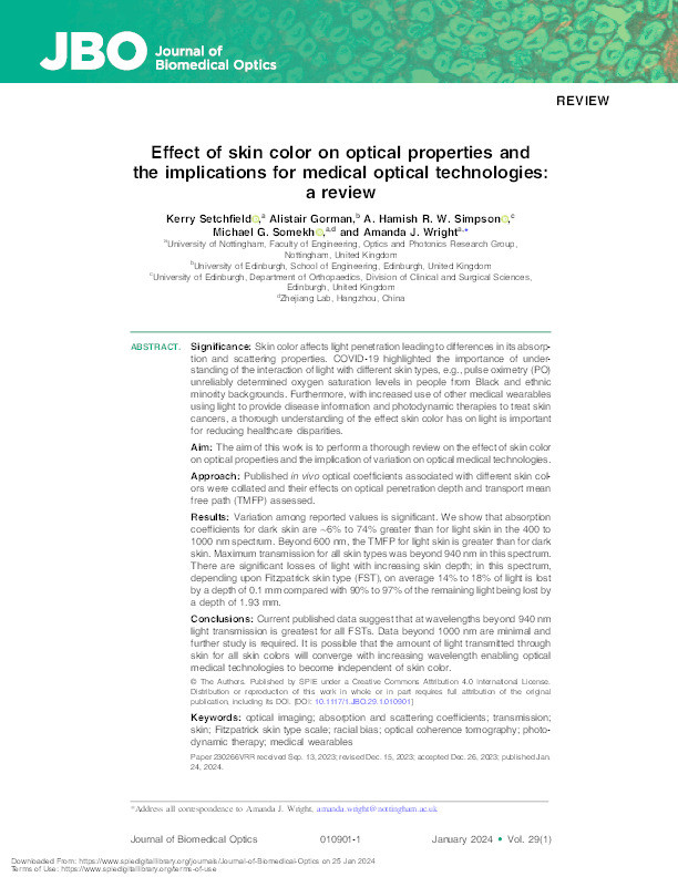 Effect of skin color on optical properties and the implications for medical optical technologies: a review Thumbnail