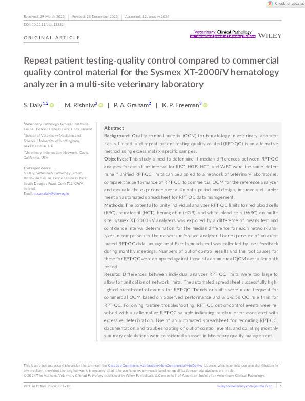 Repeat patient testing-quality control compared to commercial quality control material for the Sysmex XT-2000iV hematology analyzer in a multi-site veterinary laboratory Thumbnail