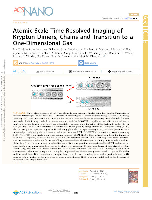 Atomic-Scale Time-Resolved Imaging of Krypton Dimers, Chains and Transition to a One-Dimensional Gas Thumbnail