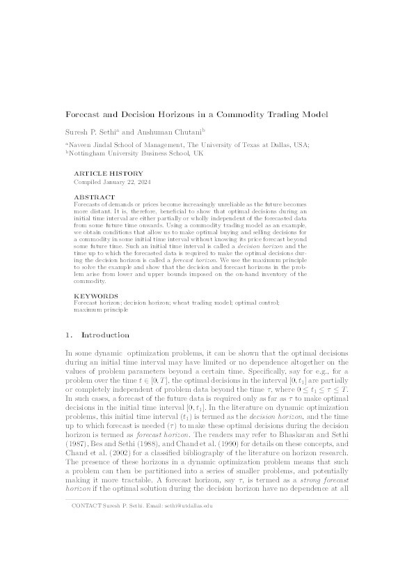 Forecast and decision horizons in a commodity trading model Thumbnail