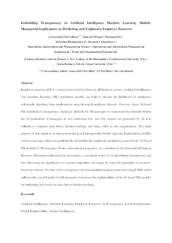 Embedding transparency in artificial intelligence machine learning models: managerial implications on predicting and explaining employee turnover Thumbnail
