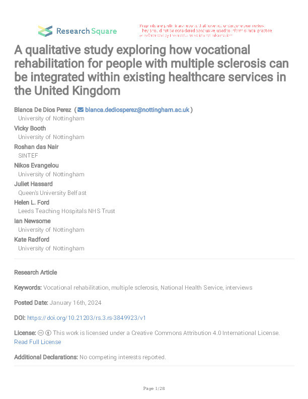 A qualitative study exploring how vocational rehabilitation for people with multiple sclerosis can be integrated within existing healthcare services in the United Kingdom Thumbnail