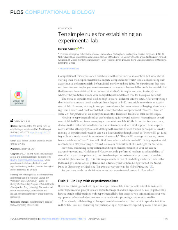 Ten simple rules for establishing an experimental lab Thumbnail