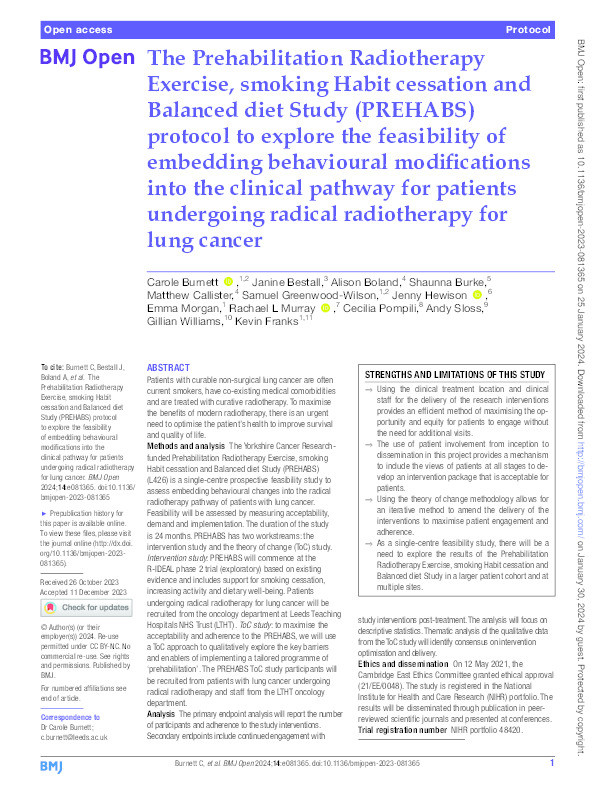 The Prehabilitation Radiotherapy Exercise, smoking Habit cessation and Balanced diet Study (PREHABS) protocol to explore the feasibility of embedding behavioural modifications into the clinical pathway for patients undergoing radical radiotherapy for lung cancer Thumbnail